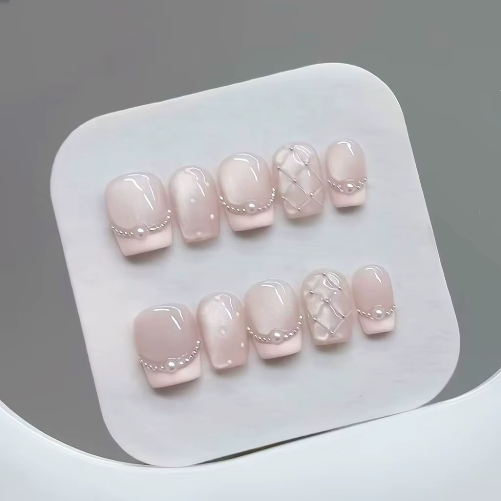 10 pièces presse à la main sur les ongles Plaid perle oeil de chat français Aurora queue de poisson couverture complète