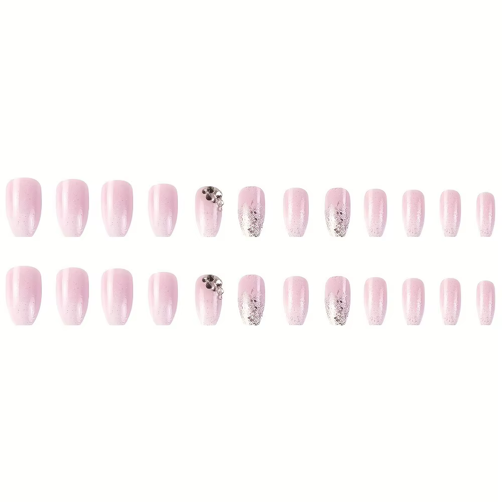 24 faux ongles carrés courts en forme de cercueil avec colle