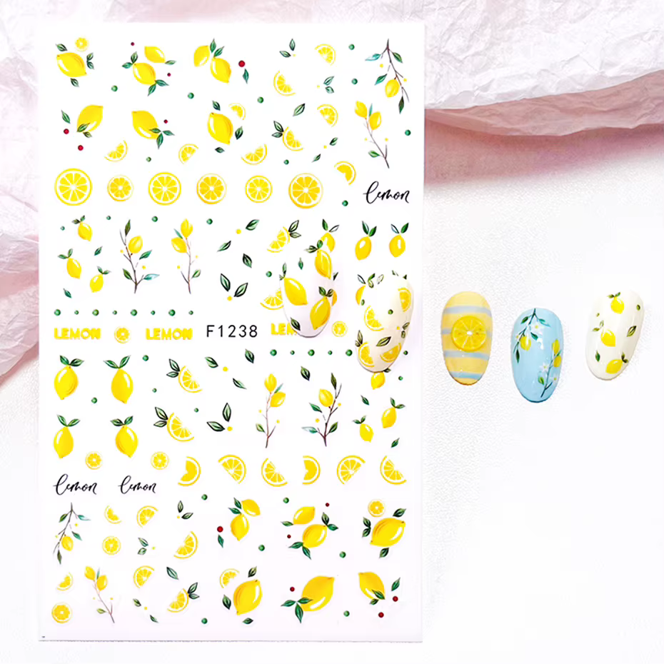 Autocollants pour ongles en forme de tranches de citron jaunes