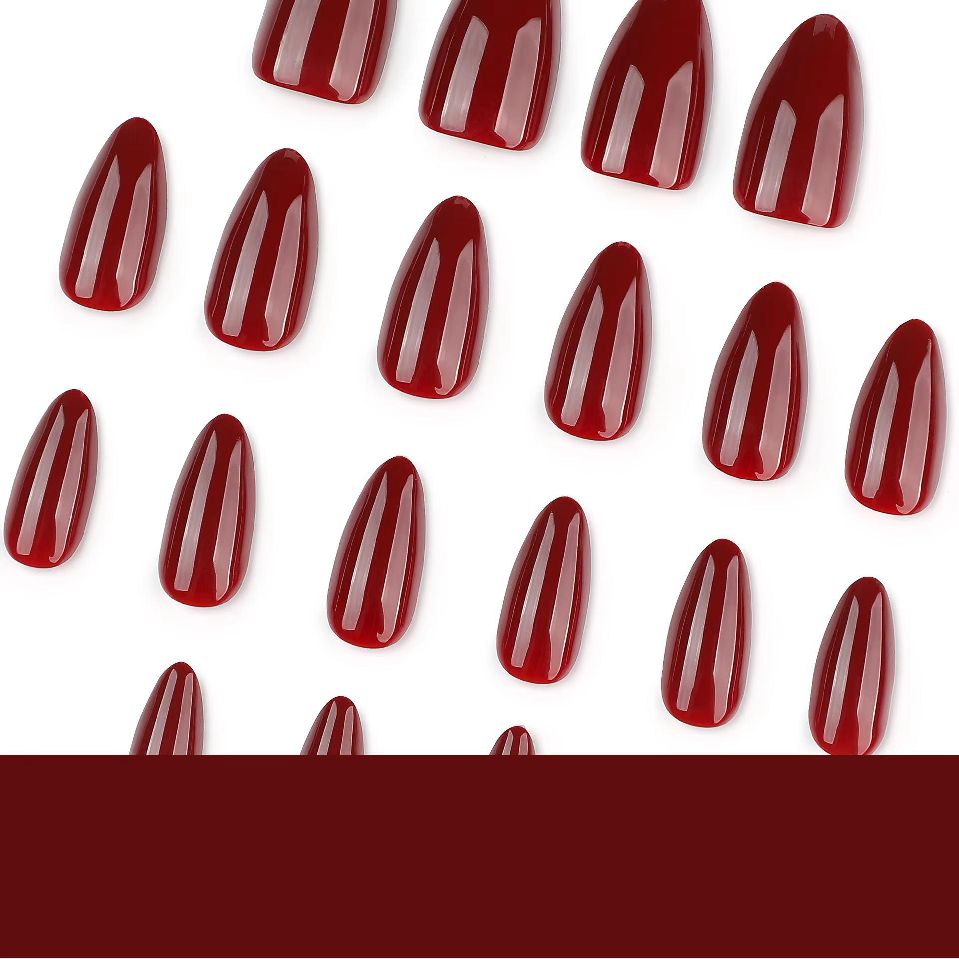 Faux ongles portables de couleur pure rouge vin, forme amande simple pour des doigts élégants et stylés