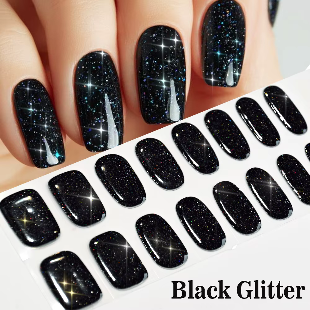 16 autocollants pour ongles en gel semi-durci à paillettes noires + 1 lime