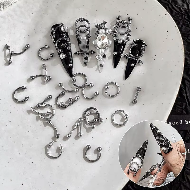 [GLOW] alliage mixte rétro cercle ongles Art breloques 3D Style Punk noir argent pièces d'ongle décoration