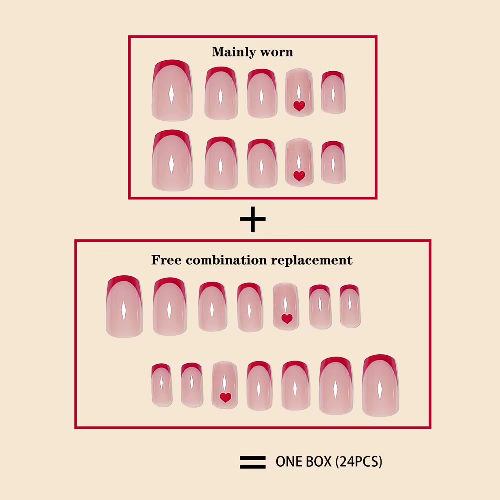 Femmes filles moyen carré français rouge bordure coeur imprimé brillant couverture complète portable faux ongles presse sur Nail Art 24 pièces/ensemble