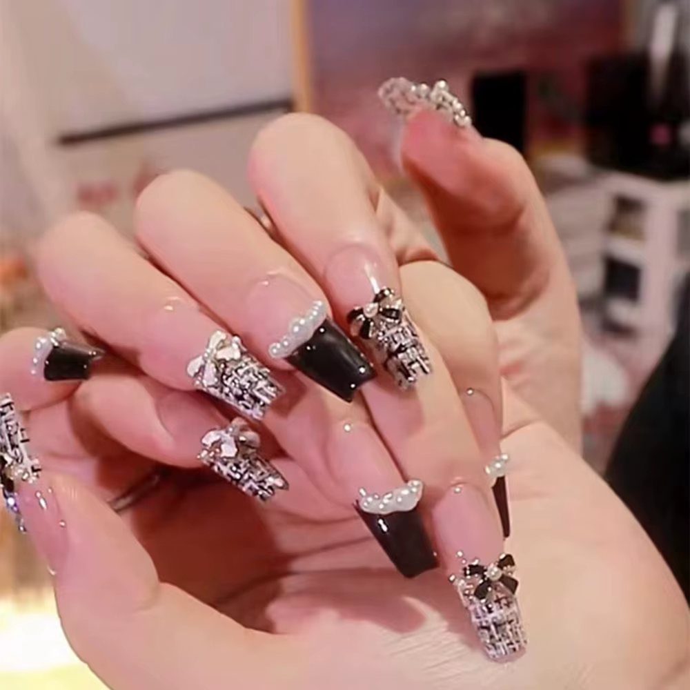 24 pièces noir français presse sur ongles blanc arc perle conception faux