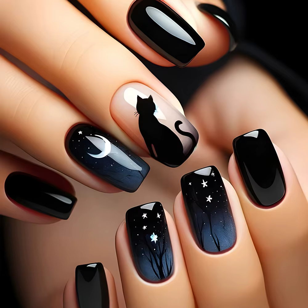 24 pièces rêveur étoile lune faux ongles papillon foncé acrylique presse
