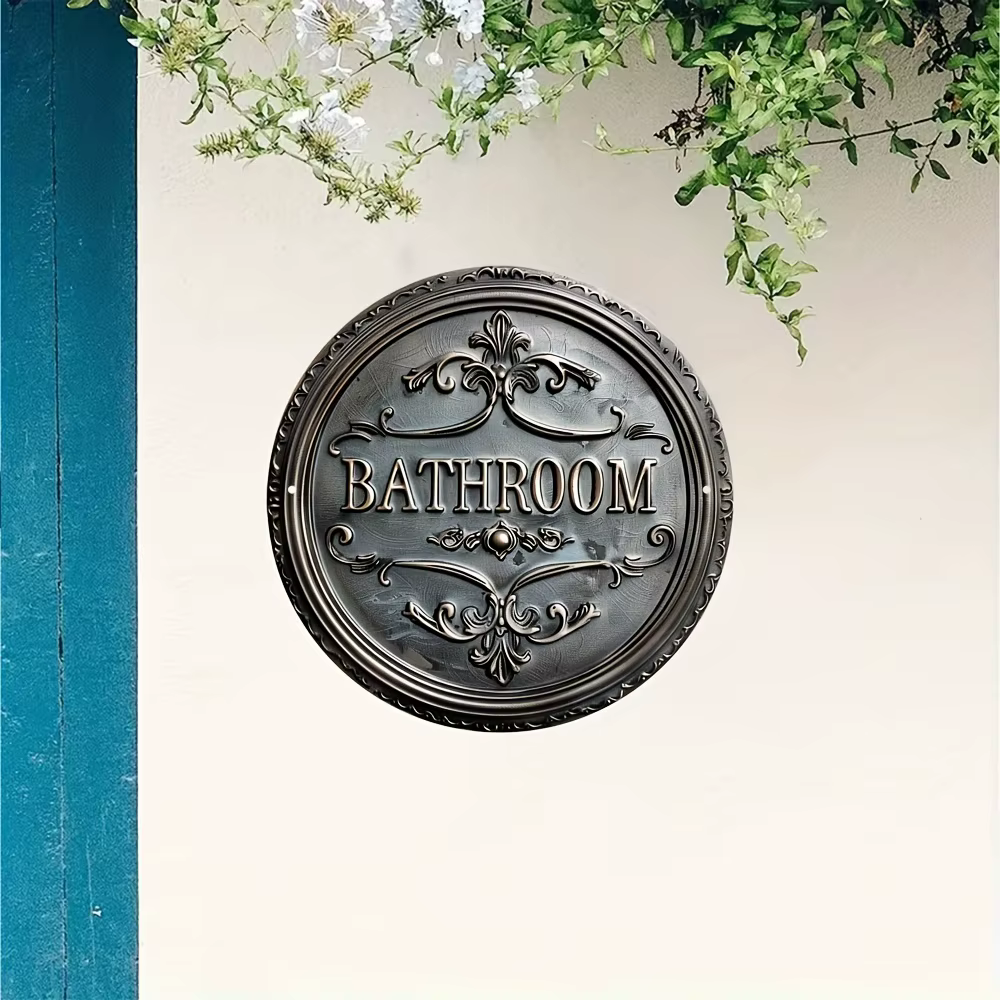 Panneau décoratif de salle de bain de style vintage, 1 plaque métallique ronde 2D, design mural classique, décoration polyvalente pour porte