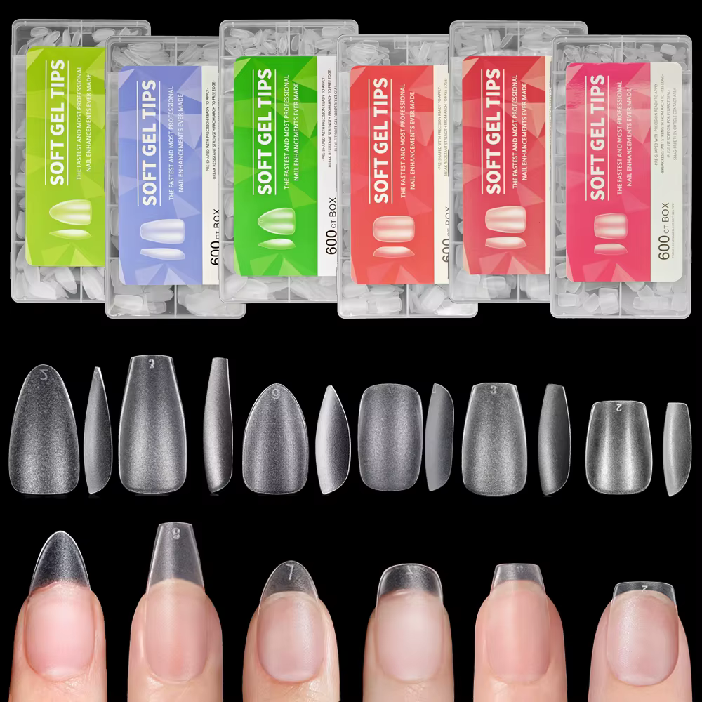 600 pièces pointes d'ongles transparentes amande/café/carrées-longueur moyenne/courte