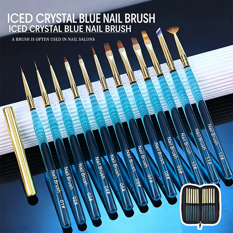 Ensemble de 12 pinceaux à ongles bleu cristal
