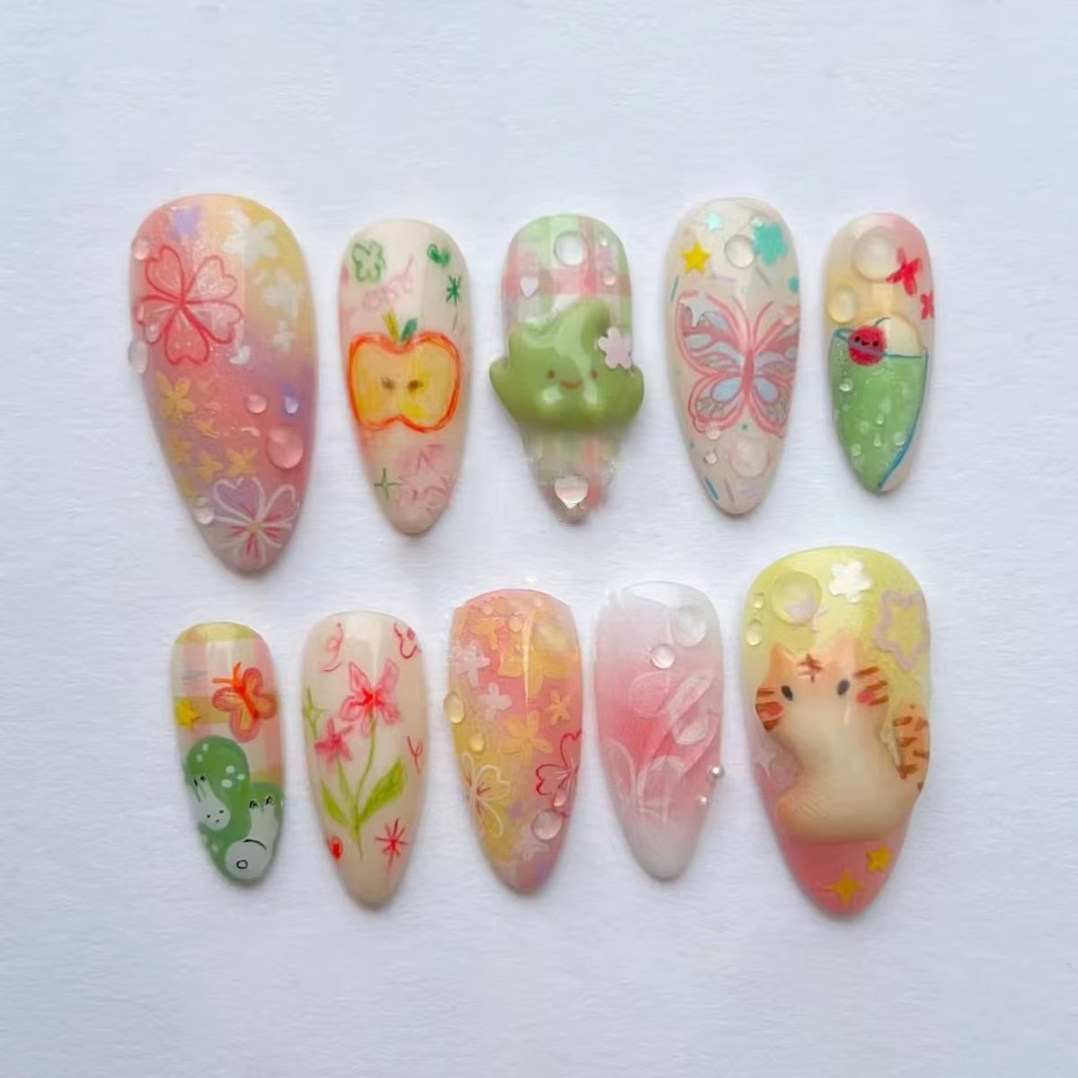 24 pièces frais vert amande faux ongles avec colle dessin animé modèles français mignon fleur presse