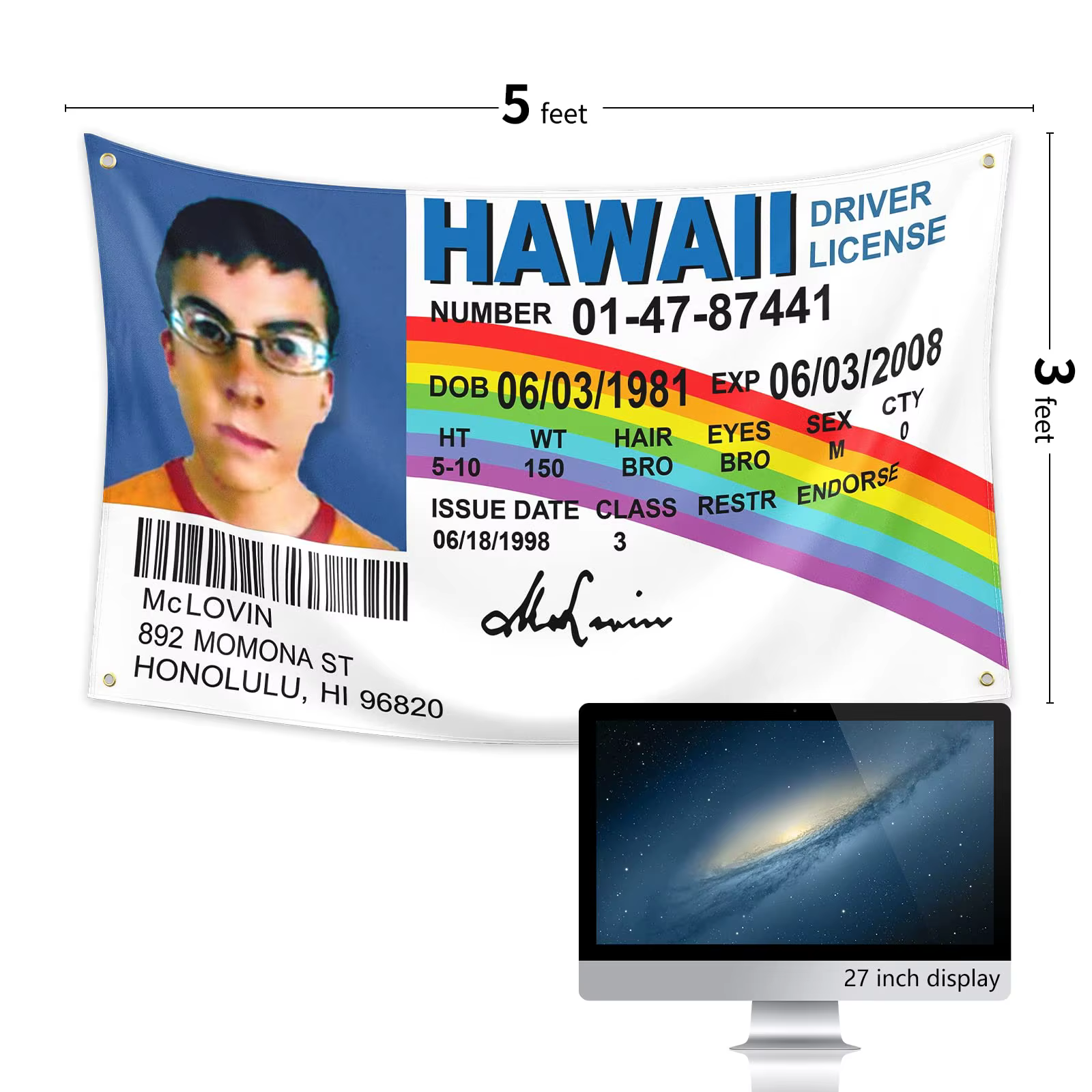 McLovin ID drapeau faux permis de conduire drapeau 3x5 bannière drôle affiche décorations durables drapeau mural avec 4G pour collège dortoir décembre.
