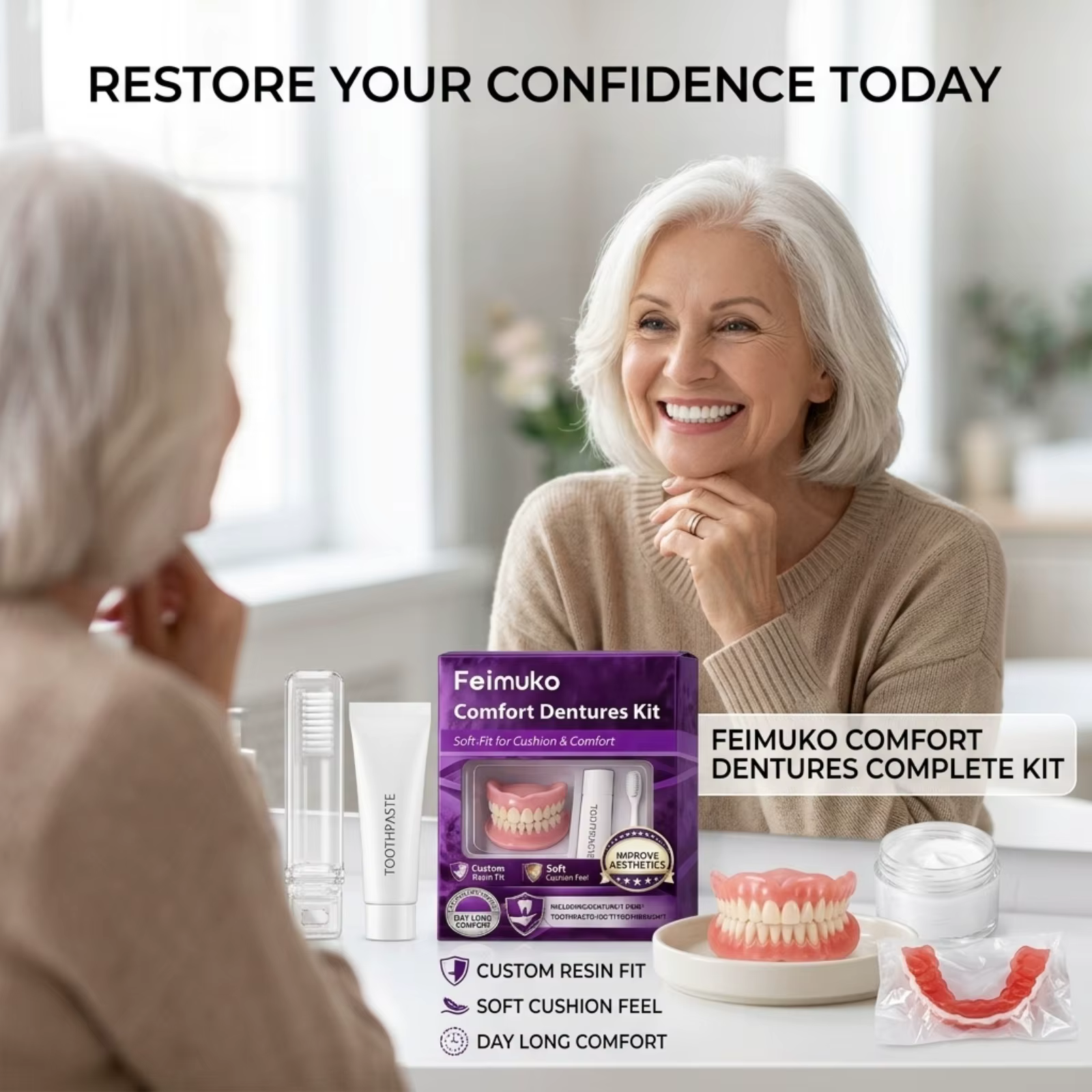 Kit de prothèses dentaires confortables, couvre-dents en résine souple, embellissement du sourire, avec dentifrice, brosse à dents, ensemble de soins quotidiens