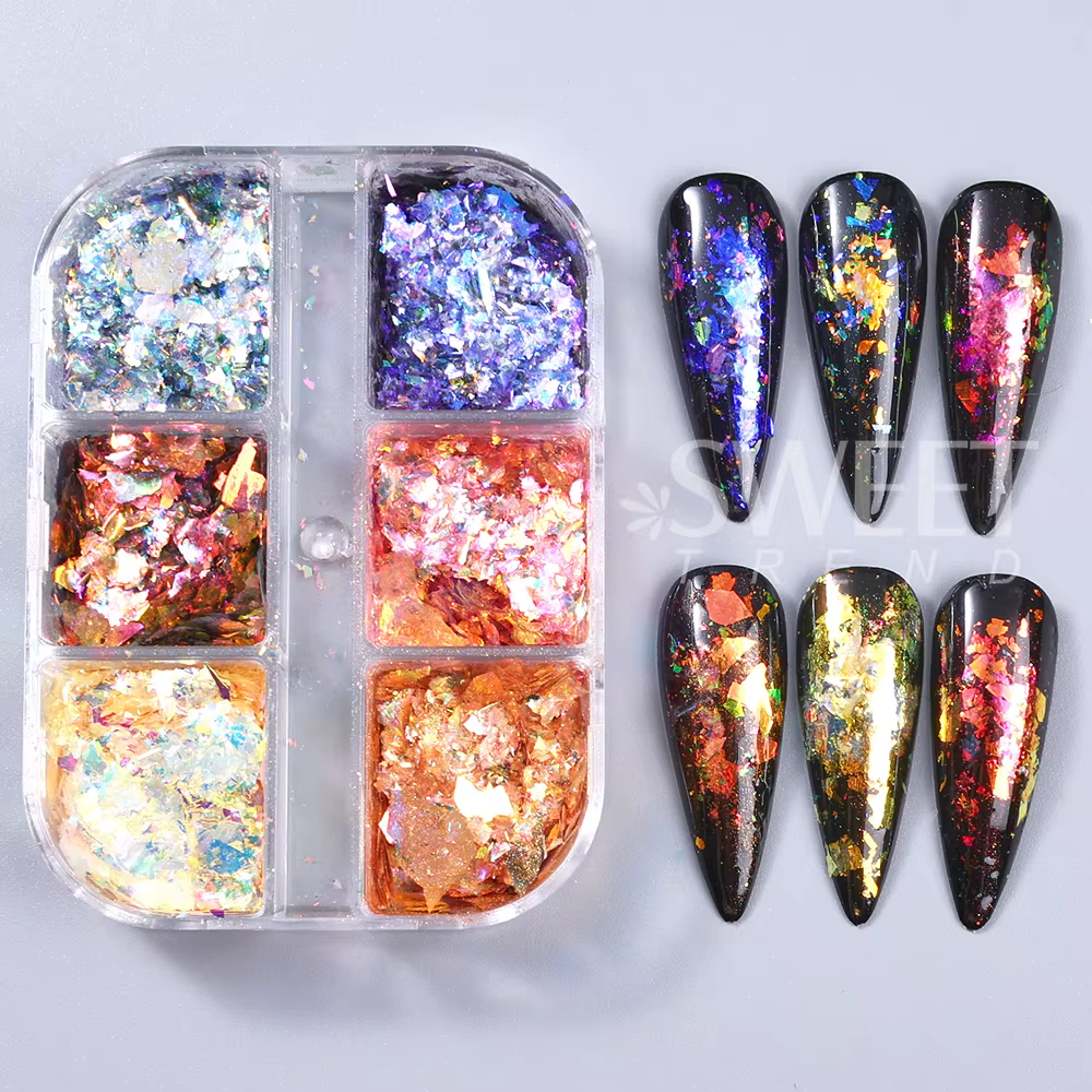 SWEET TREND - 6 compartiments de paillettes irisées opales pour ongles