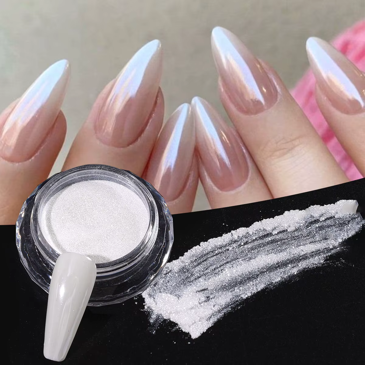 Poudre chromée pour ongles blancs brillants à l'eau