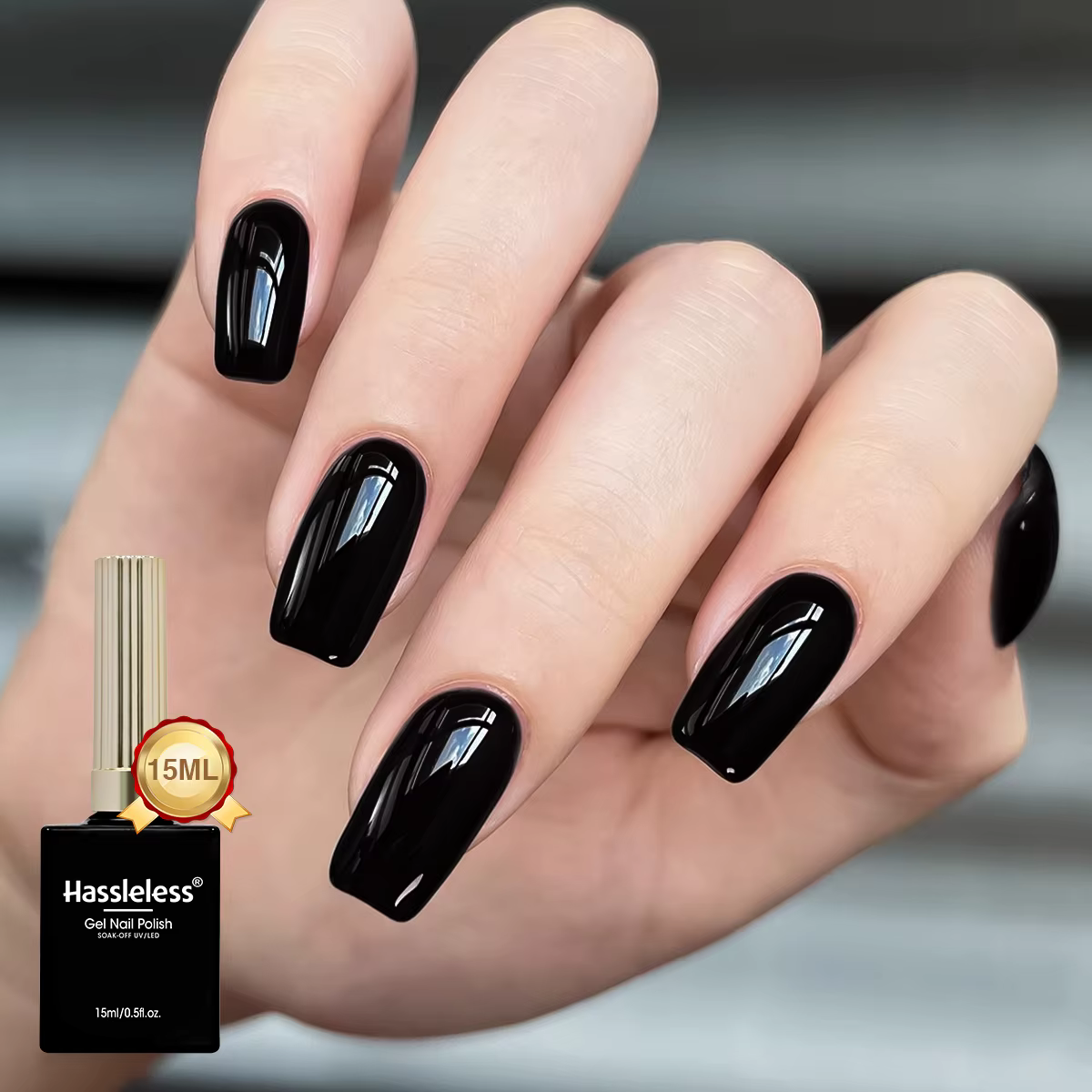 Vernis à ongles UV/LED noir Hassleless 15 ml — finition ultra brillante ; un incontournable pour les passionnés de nail art ; idéal pour les manucures françaises.