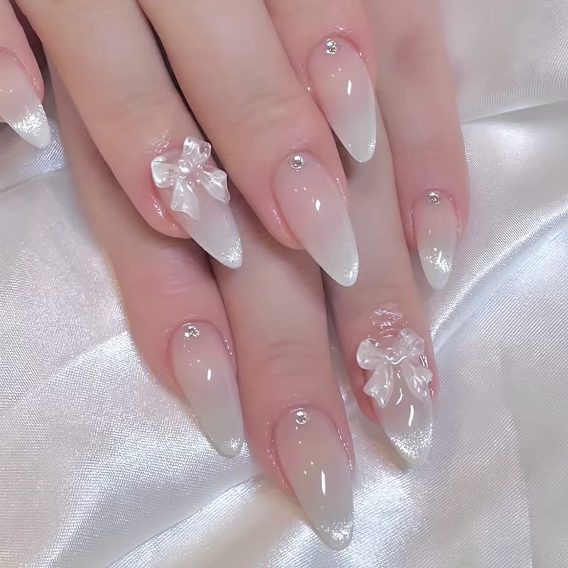 24 pièces doux oeil de chat français presse sur ongles diamant pointu tridimensionnel nœud papillon portable