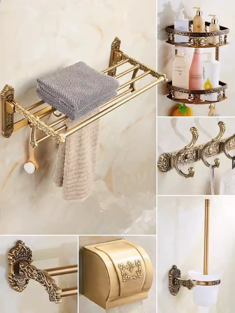 Accessoires de salle de bain en aluminium, bronze antique sculpté, porte-papier, porte-brosse de toilette, porte-serviettes T1