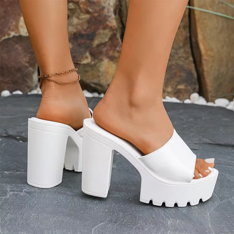 Sandales à talons très hauts en cuir verni rouge bordeaux pour femme, mules à plateforme épaisse à enfiler, collection été 2026, grandes tailles