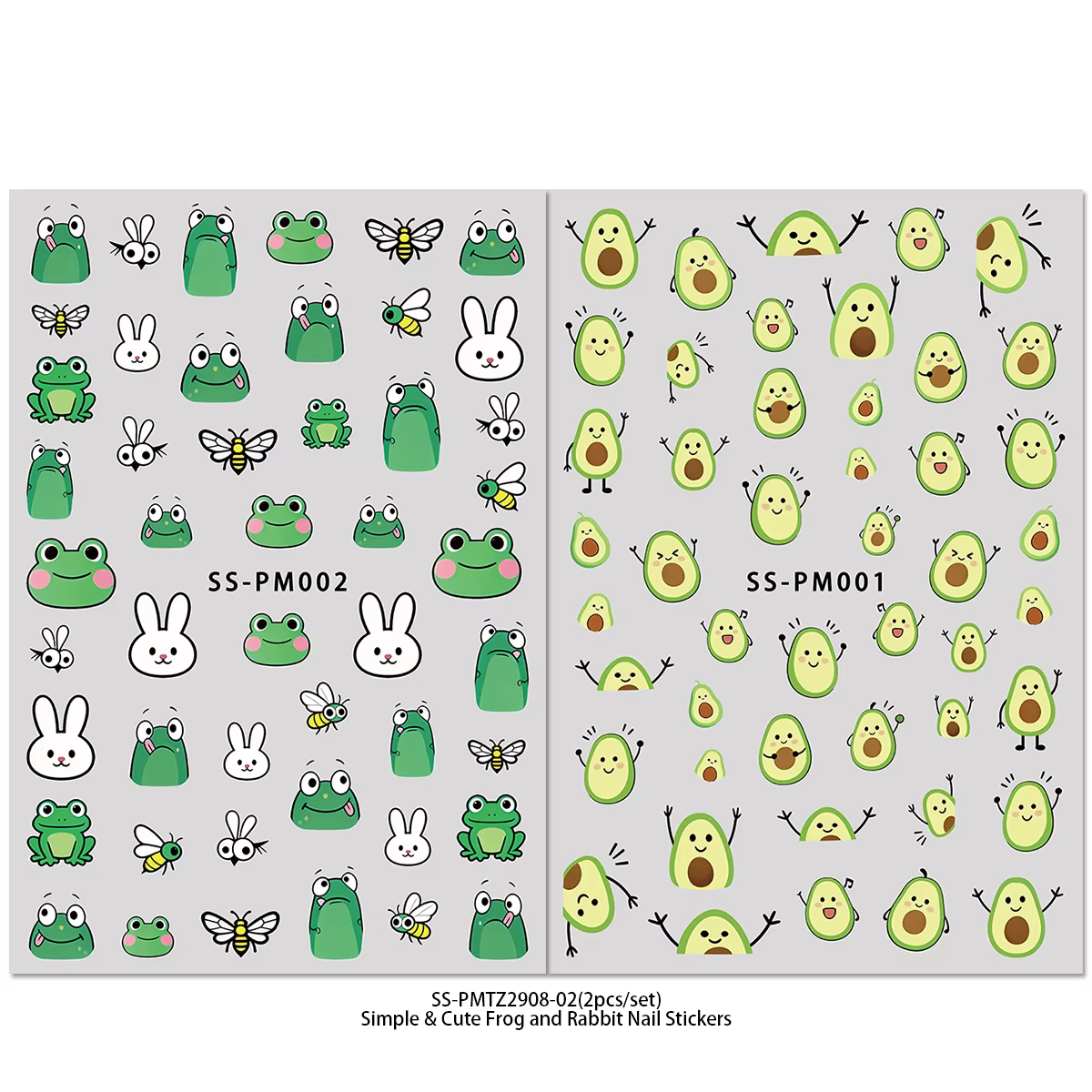 Autocollants pour ongles mignons en forme de grenouille de dessin animé et d'avocat