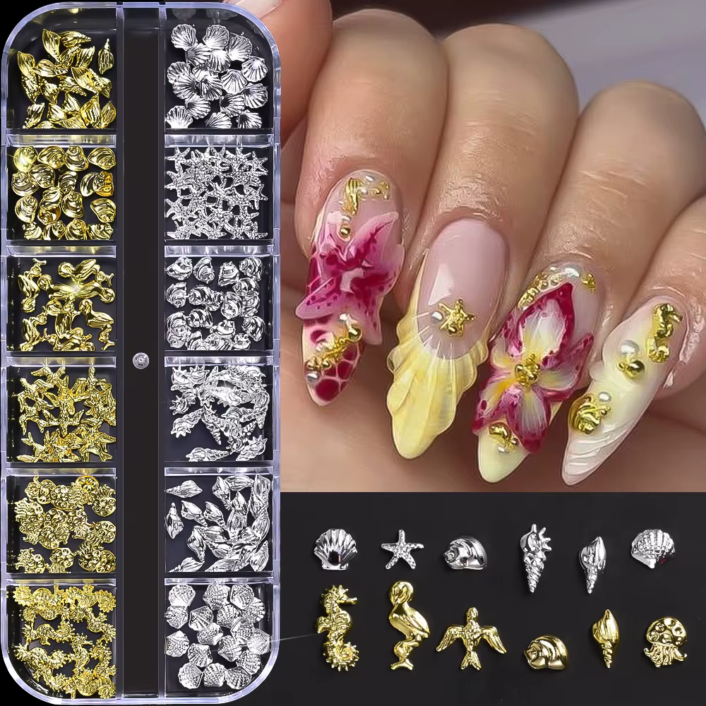 12 compartiments de breloques 3D en alliage pour nail art