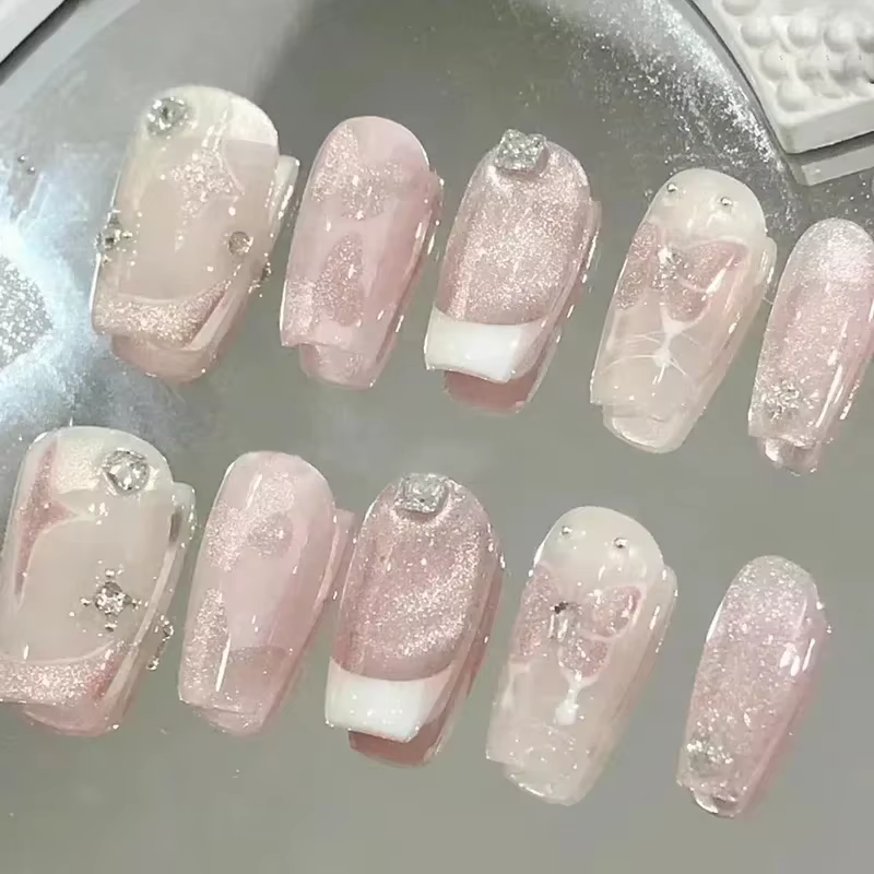 24 pièces Rose rouge faux ongles longue fleur Ballet presse