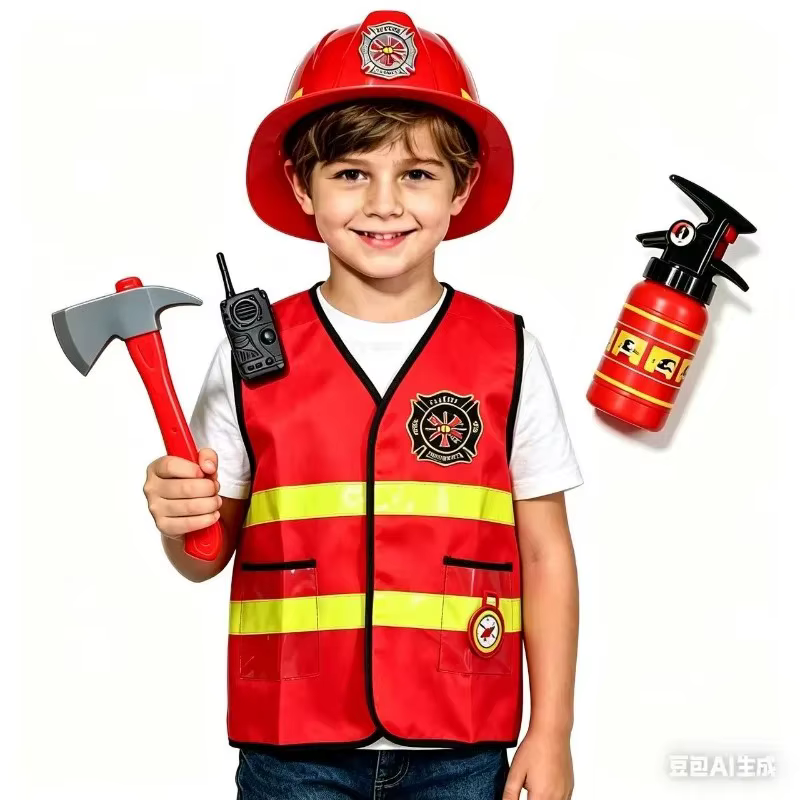 Costume de pompier pour enfants, tenue de jeu de rôle, accessoires de casque, uniforme de pompier pour Halloween, déguisement pour fête de carnaval