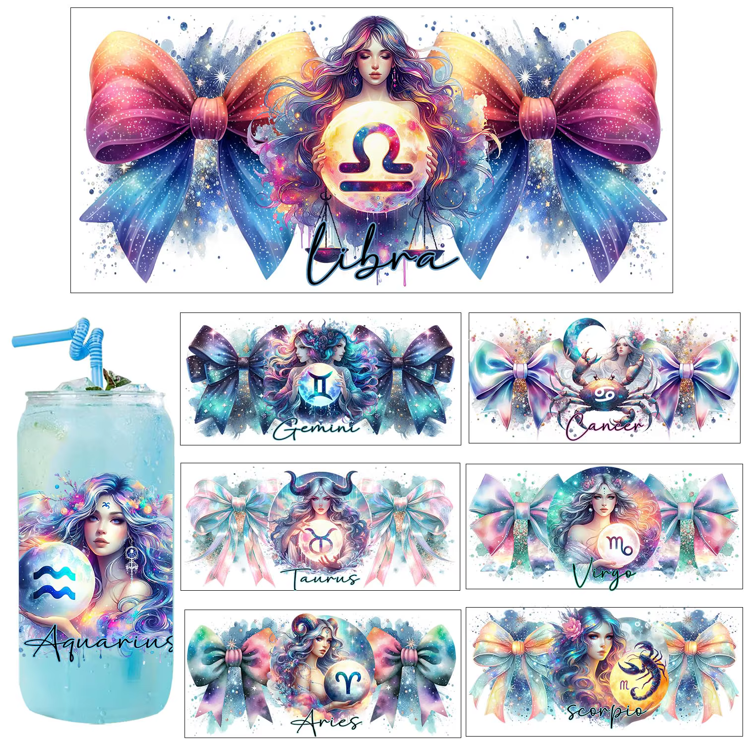 Signe astrologique du zodiaque filles œuvre UV autocollant bricolage décoration sceau décalcomanies transferts 3D uvdtf autocollants 16oz uv dtf tasse enveloppes