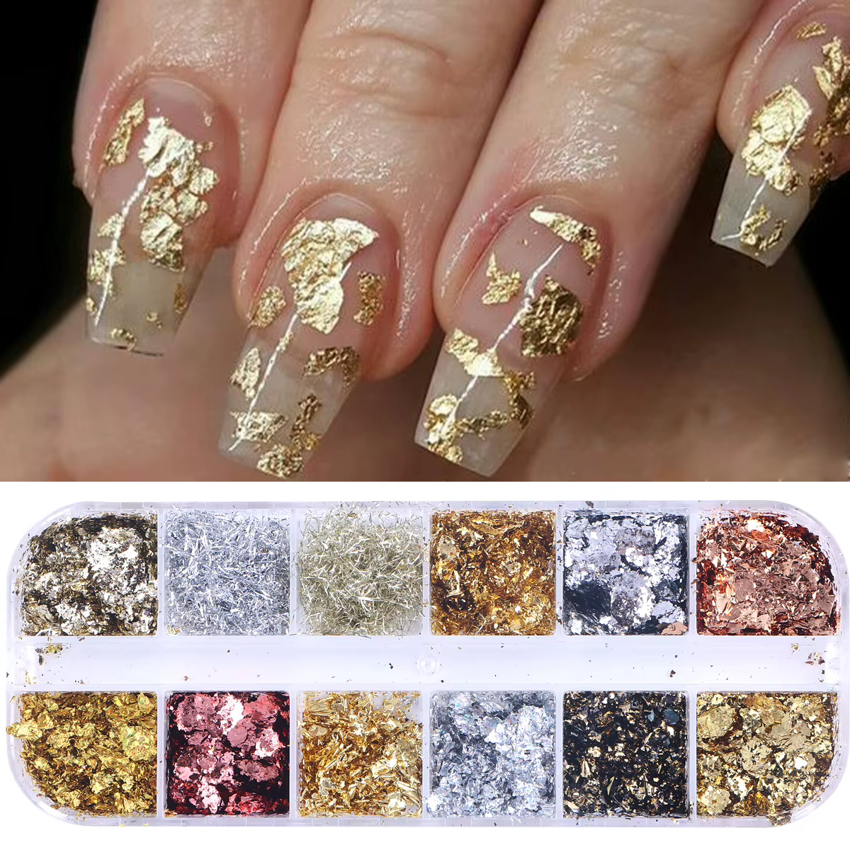 12 grilles magnifiques feuilles d'or scintillantes pour Nail Art