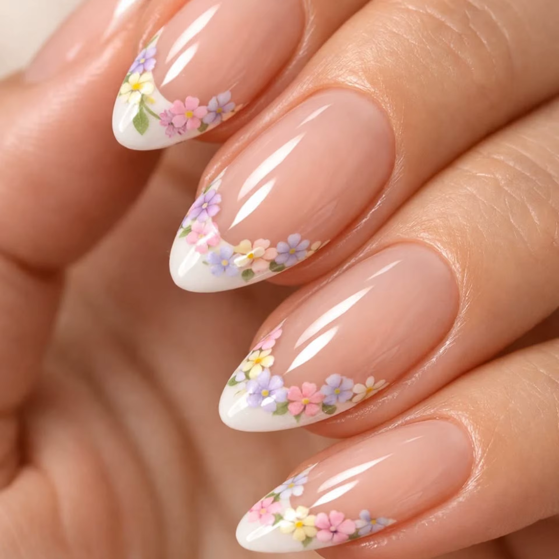 Lovely Bee Little Flowers Summer Nail Art Yellow French Short Almond Fake Nails Detachable Finished False