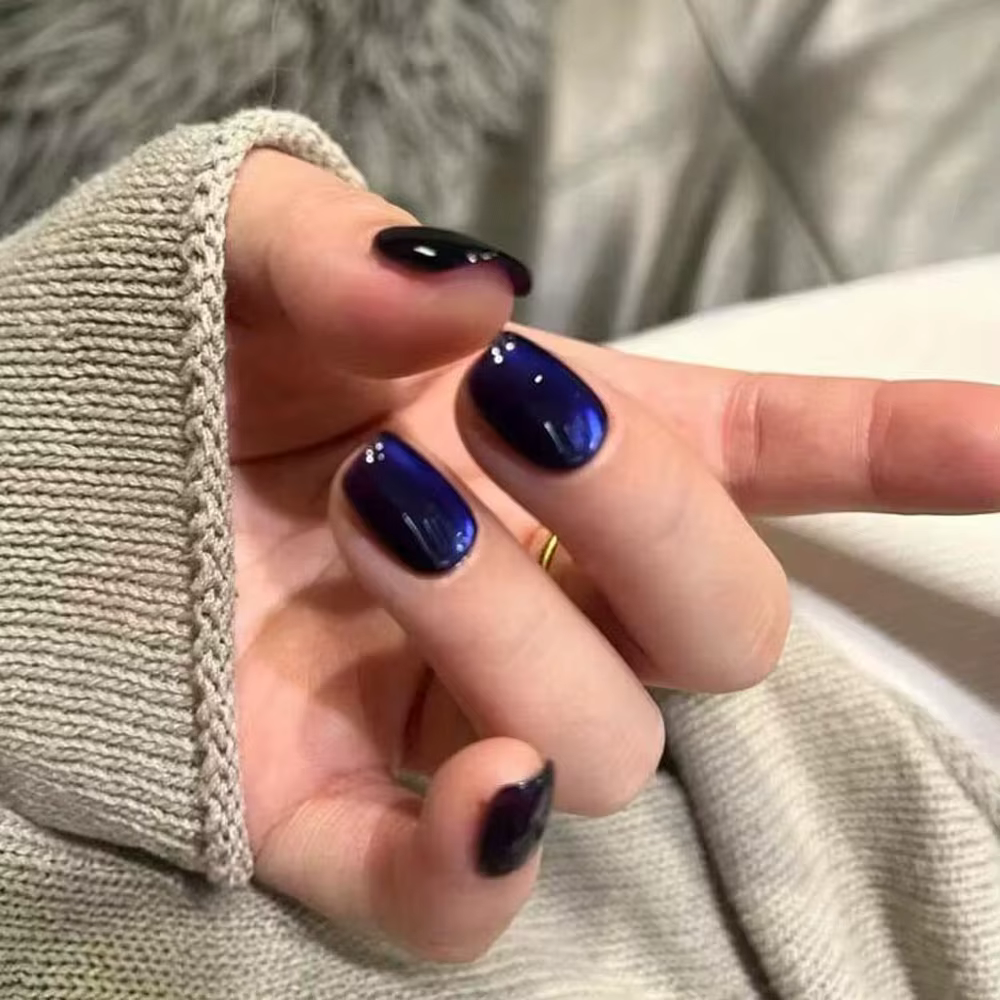 30 pièces faux ongles en Gel œil de chat bleu profond XS/S/M couverture complète carré conception de forme courte