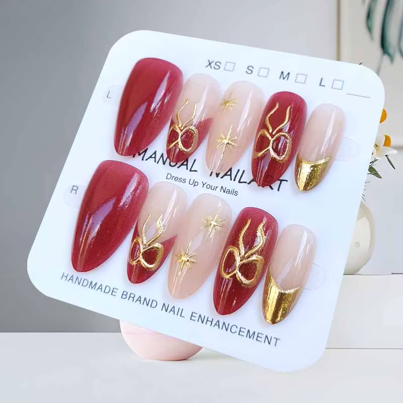 10 pièces bleu océan royaume Secret Style français amande forme doré faux ongles presse