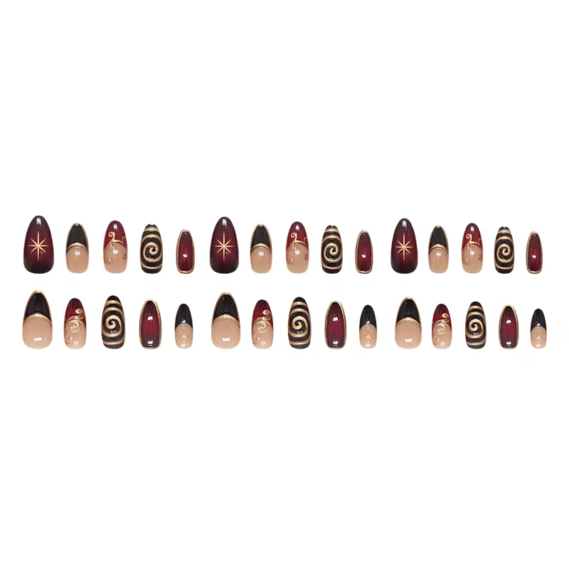 24 pièces lignes dorées modèles faux ongles violet foncé Blush français