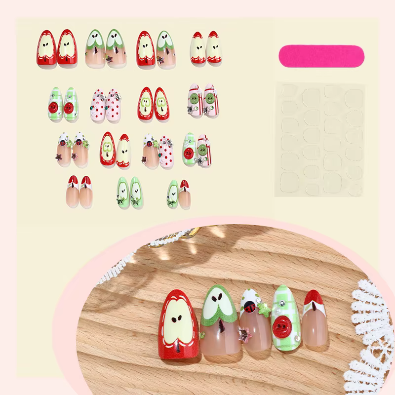 24 faux ongles mignons motif pomme rouge dessin animé