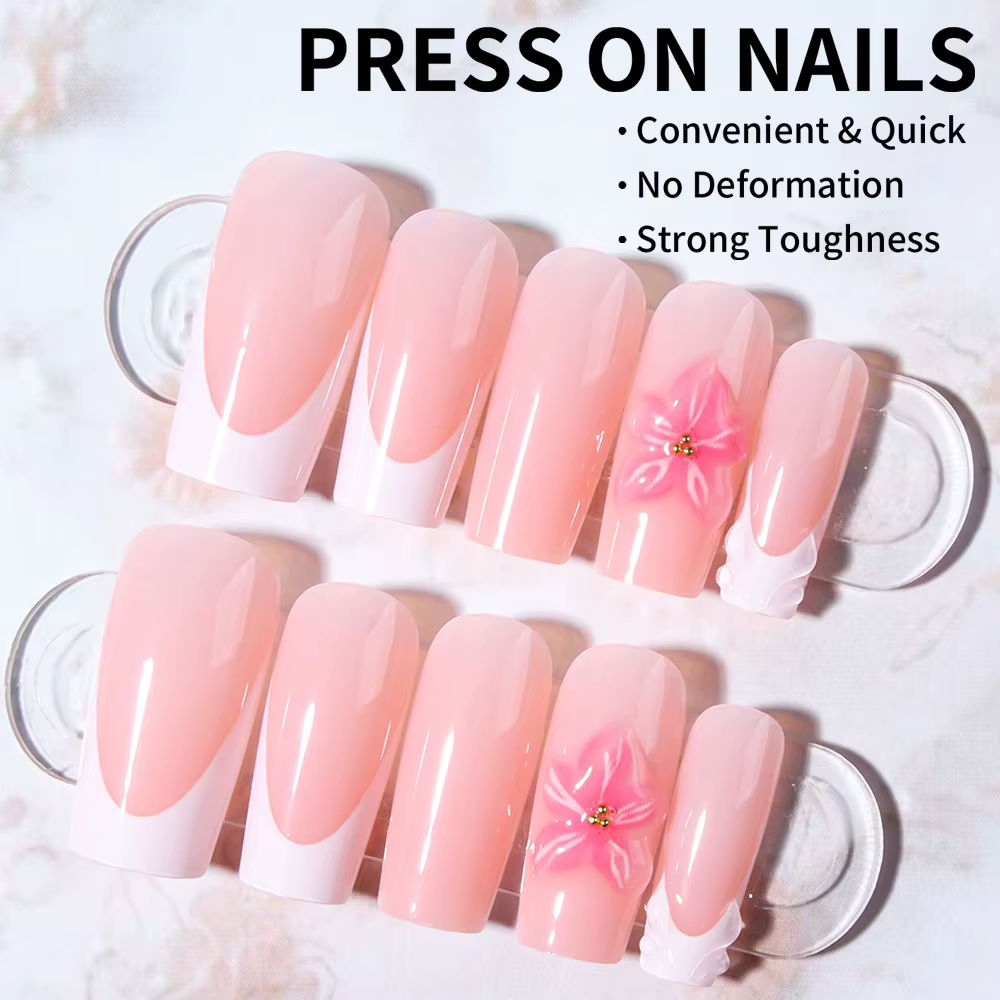 24 pièces Long carré 3D tridimensionnel Gelnail fait des ongles de fleur avec perle décorer conception blanc français