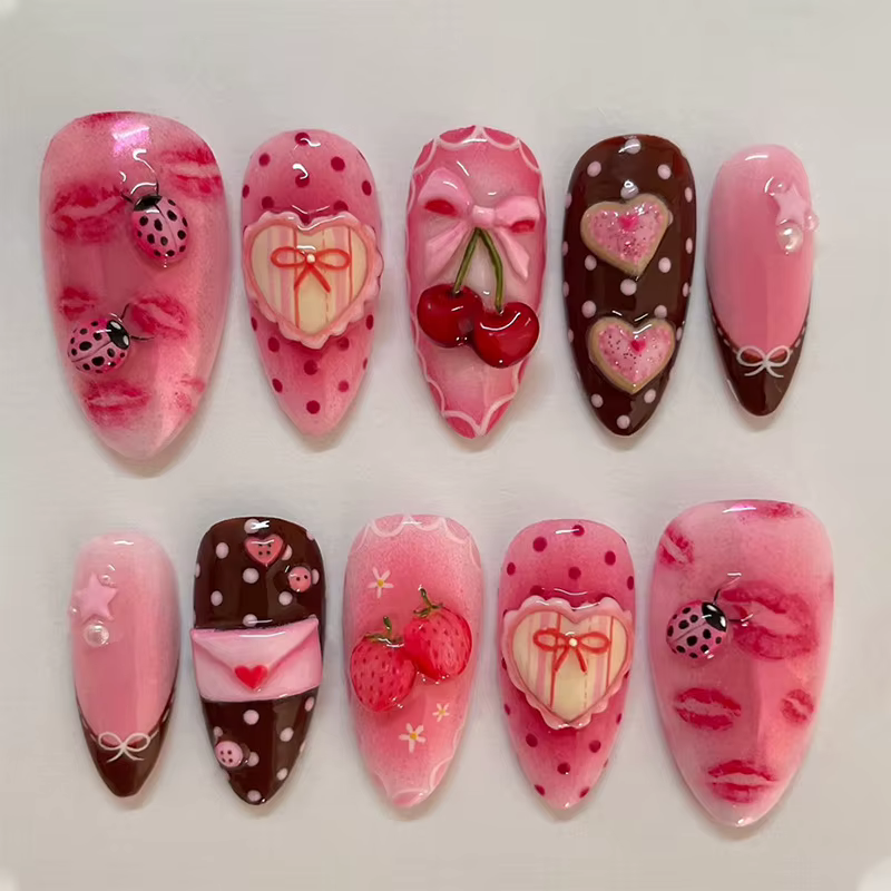 24 pièces mignon rouge pomme modèles presse sur ongles rose français avec étoile Plaid faux