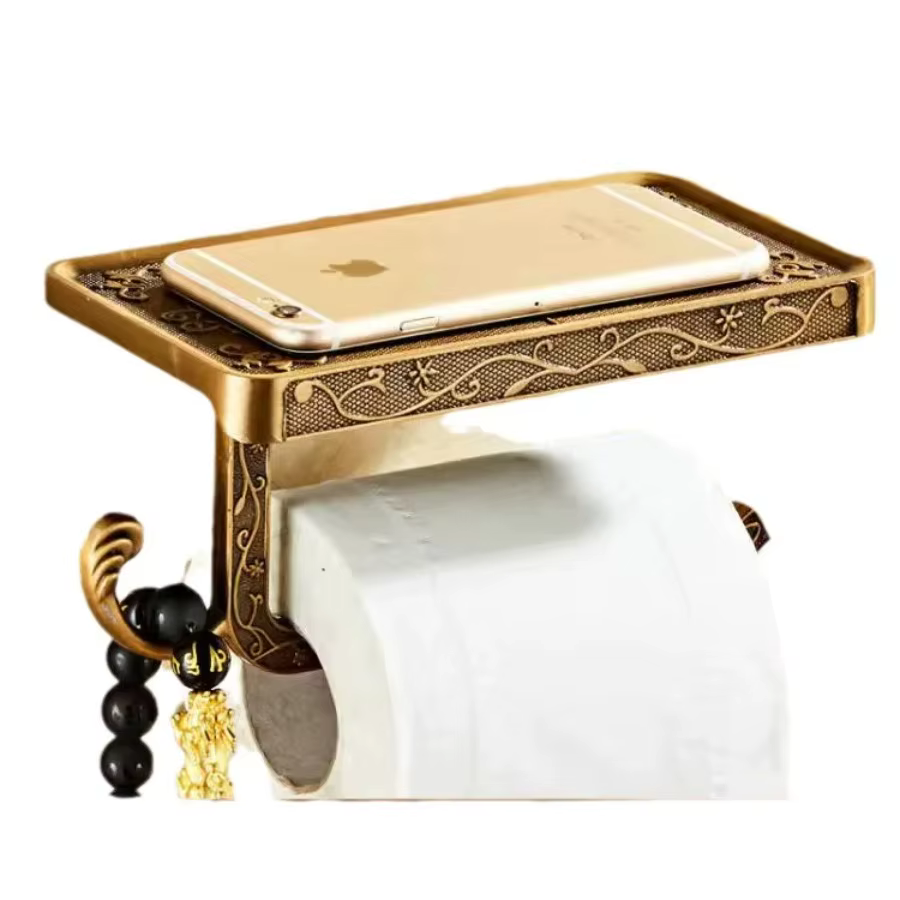 Support de papier toilette et de téléphone portable en bronze sculpté, style antique vintage, pour salle de bain, accessoire de rangement
