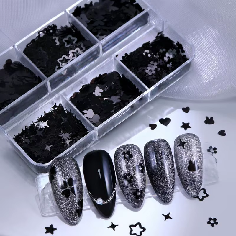 6 grilles noir en forme de coeur papillon étoile ongles Paillettes décor mixte manucure flocons