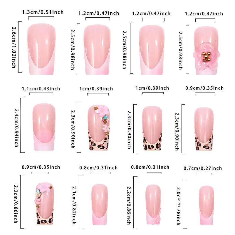 Faux ongles longs et carrés à pression française imprimé léopard avec perles dorées 3D colle à fleurs en relief