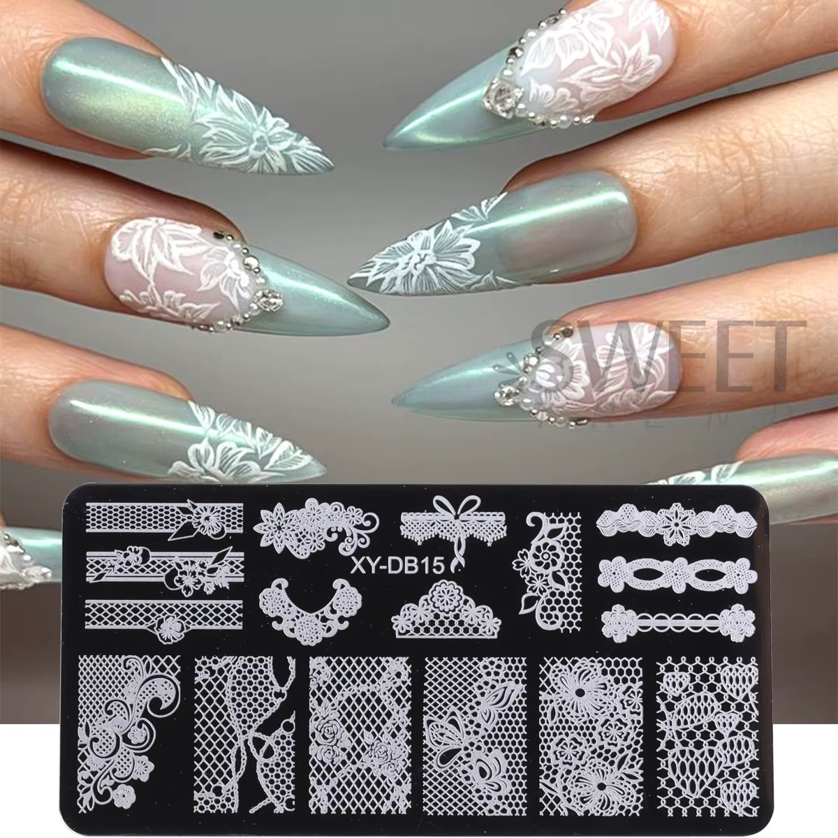 Modèle d'art d'ongle d'image de fleur de dentelle élégante avec le tampon doux arc