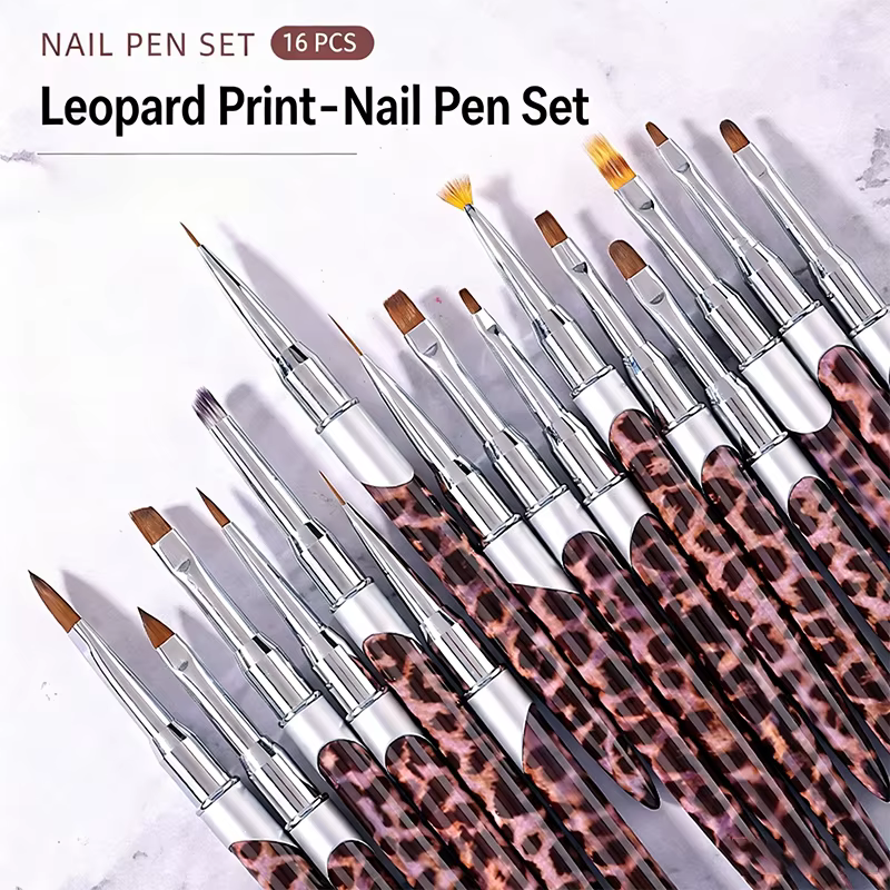 Lot de 16 pinceaux à ongles imprimé léopard