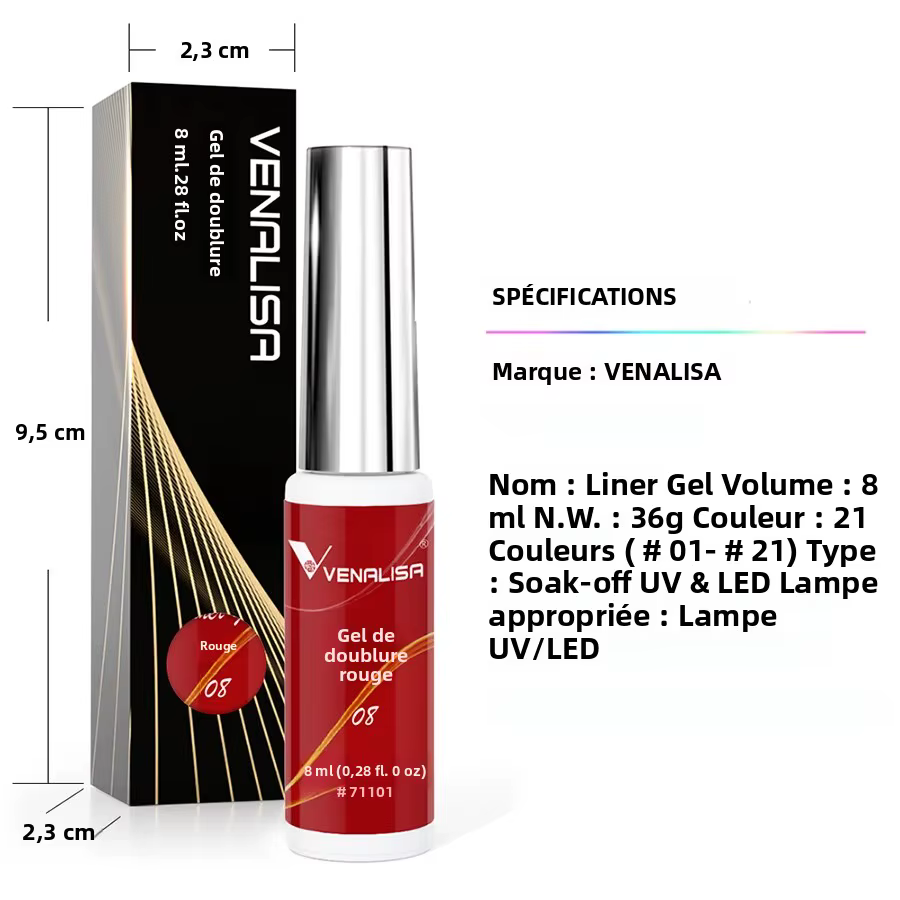 VENALISA Liner Gel 8ml 21 couleurs-Gel de peinture pour Nail Art avec pinceau fin pour pointes françaises