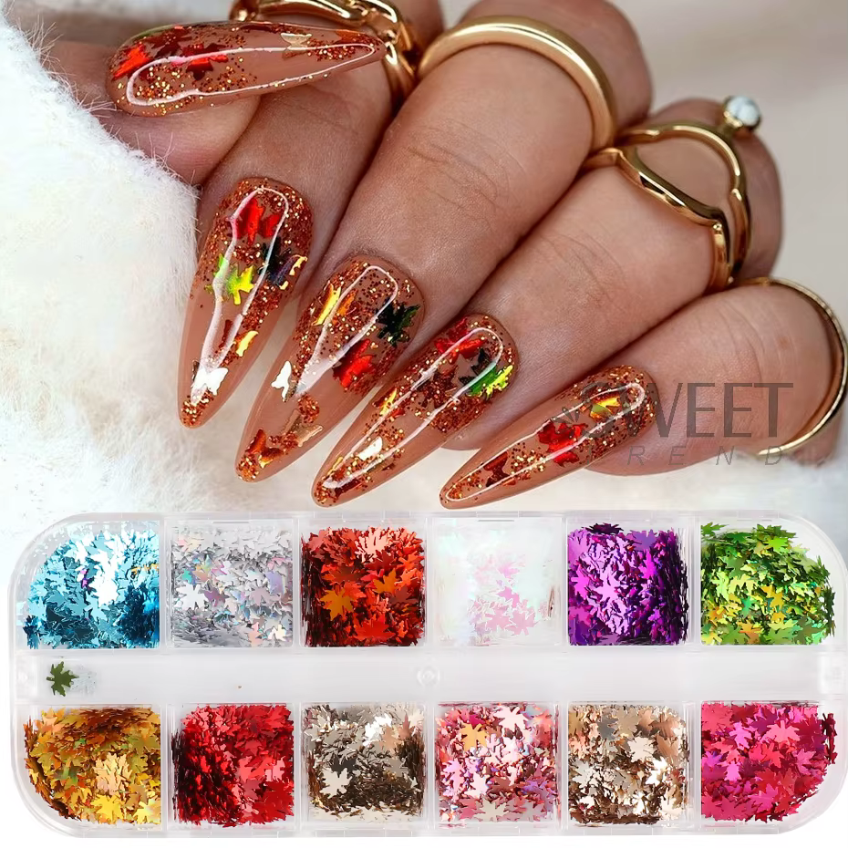12 grilles miroir feuilles d'érable or Nail Art paillettes automne feuille Design bricolage charme bijoux
