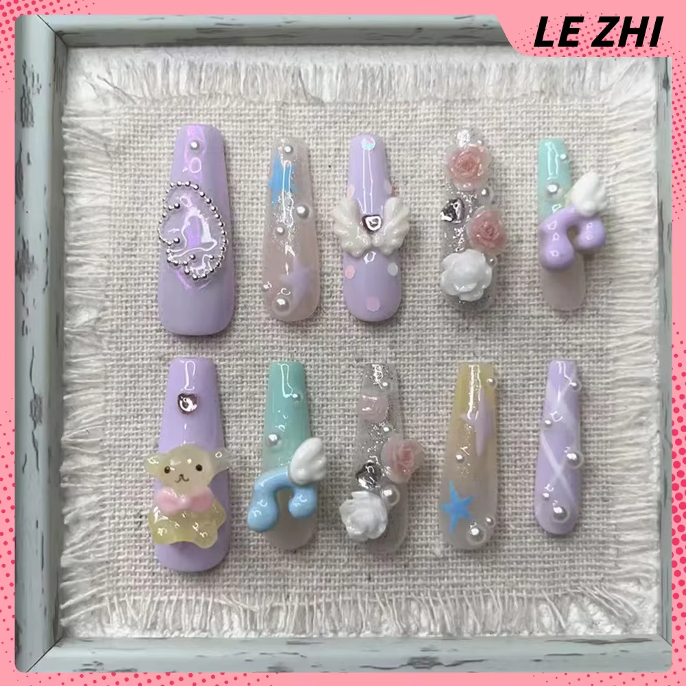 Dessin animé Kawaii Rilakkuma Long carré Stiletto fait à la main couverture complète ongles Biscuit fraise Notes de