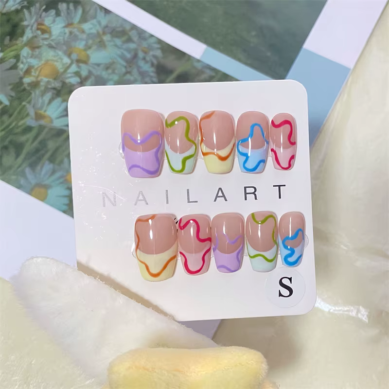 10 pièces à la main coloré français presse sur ongles Macarone Puzzle conception faux