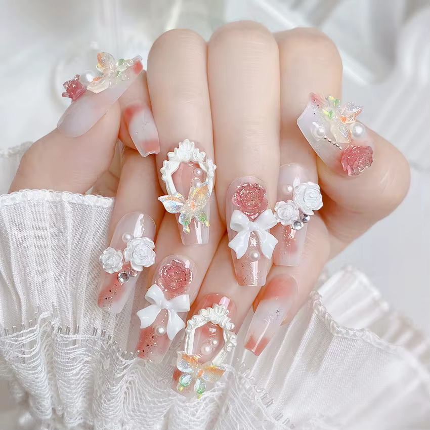 Blush rose faux ongles nœud papillon diamant perle conception 3D presse sur les pointes d'ongles avec bord lisse