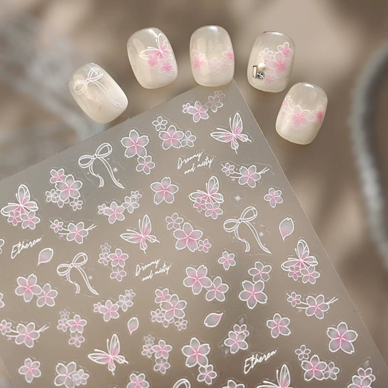 Autocollants 5D pour ongles « Chanson d'amour aux fleurs de cerisier » – Dégradé rose et blanc japonais