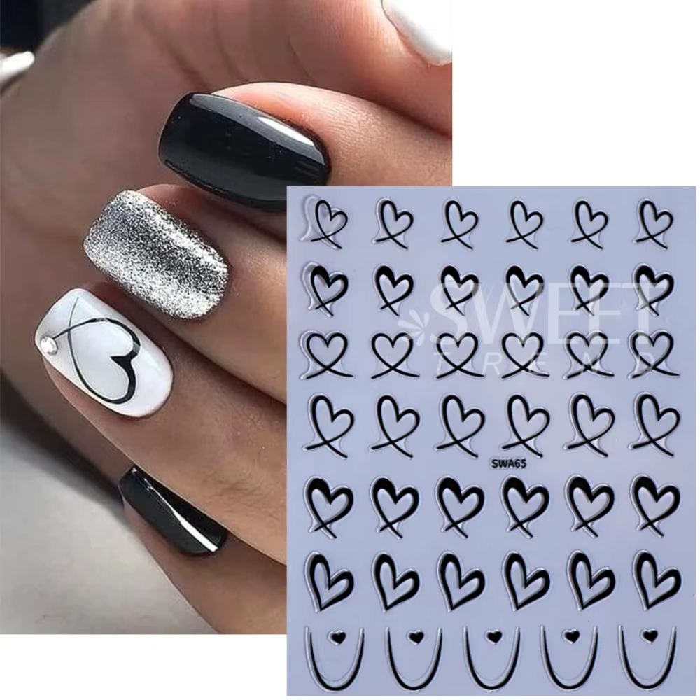 3 pièces saint valentin Nail Art autocollants 3D noir blanc rose lignes amour coeur ongles décalcomanies bricolage adhésif curseur manucure décorations
