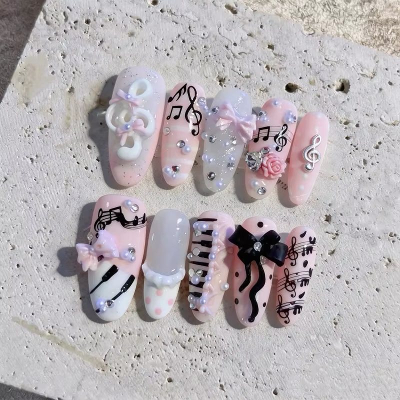 10 faux ongles ovales longs roses et noirs