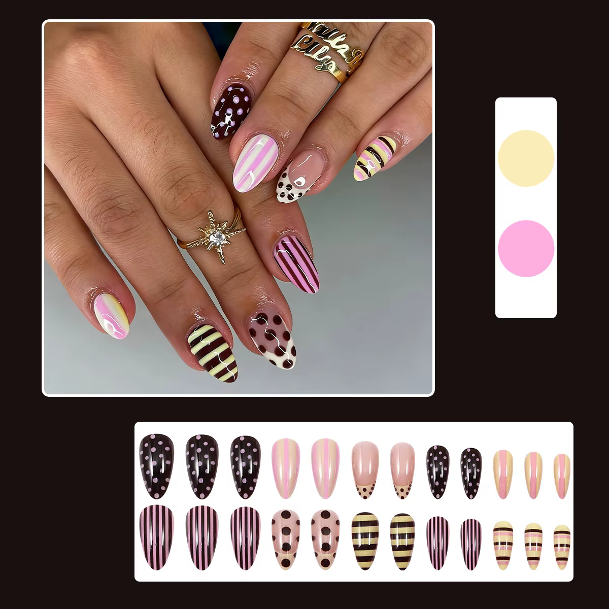 24 faux ongles brillants en forme d'amande, motifs rayés colorés et pois, style français, à presser, pour un look estival doux et cool