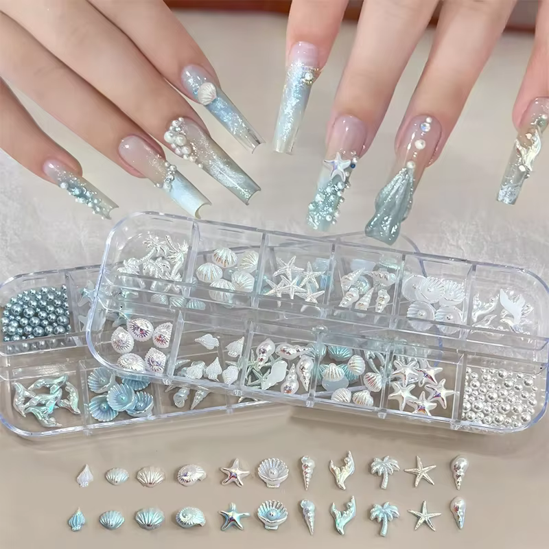 12 grilles/boîte bleu blanc breloque pour ongles coquille étoile de mer queue de sirène 3d accessoires de Nail Art pour un Look de manucure rêve et océanique