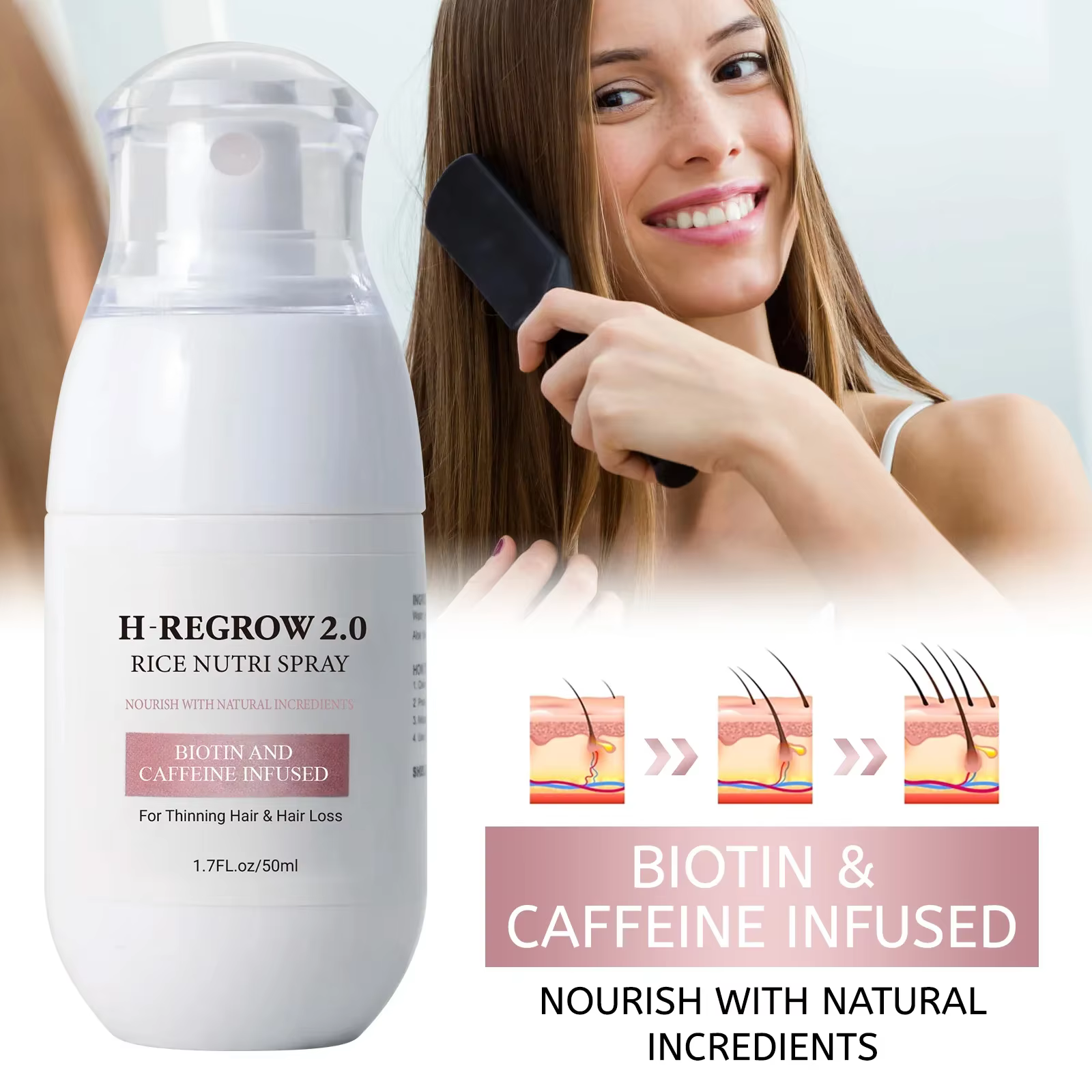 Spray capillaire à l'eau de riz pour renforcer les follicules pileux, épaissir les racines, prévenir la chute, nourrir et adoucir les cheveux, soin capillaire pour cheveux clairsemés